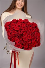 Красные розы 60см в упаковке Туман (51шт) 813